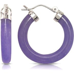 Jewelryweb - Solid Sterling Silver Onyx, Lavender or Green Jade Hoop Earrings - 4mm x 26mm - Jade Earrings for Women - Black Hoop Earrings - Purple Green Tube Earrings