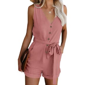 MyFav Women's Summer Rompers V Neck Sleeveless Rompers Casual Shorts Jumpsuit with Pockets