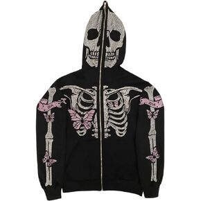 Fanvereka Men Women Over Face Rhinestone Full Zip Up Hoodie Halloween Costumes Y2k Graphic Hooded Streetwear Jacket Shirt