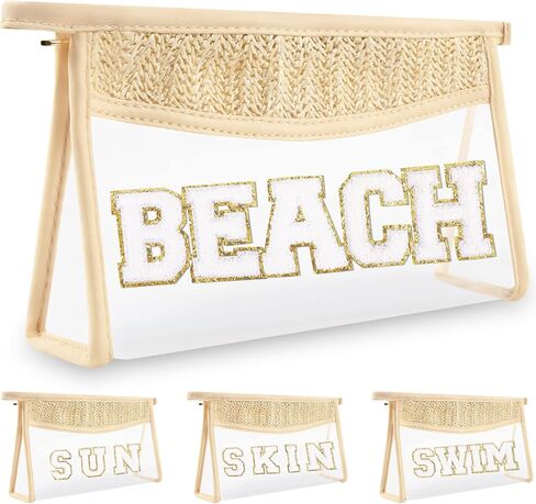 2 Pcs Boho Straw Clear Makeup Letter Bag BEACH Pouch, Sunscreen Bags for Beach Travel Small Cute Chenille Letter SPF Bag Pouch,Waterproof Beach Toiletry Sun Bag Best Beach Accessories for Women(BEACH) in Saudi Arabia