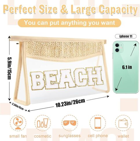 2 Pcs Boho Straw Clear Makeup Letter Bag BEACH Pouch, Sunscreen Bags for Beach Travel Small Cute Chenille Letter SPF Bag Pouch,Waterproof Beach Toiletry Sun Bag Best Beach Accessories for Women(BEACH) in Saudi Arabia