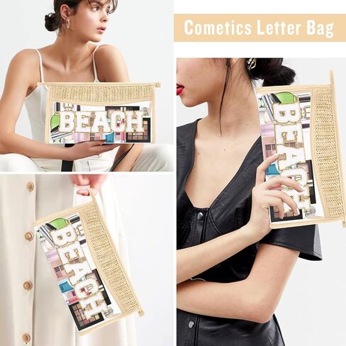 2 Pcs Boho Straw Clear Makeup Letter Bag BEACH Pouch, Sunscreen Bags for Beach Travel Small Cute Chenille Letter SPF Bag Pouch,Waterproof Beach Toiletry Sun Bag Best Beach Accessories for Women(BEACH) in Saudi Arabia