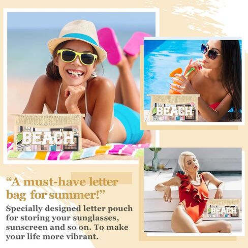 2 Pcs Boho Straw Clear Makeup Letter Bag BEACH Pouch, Sunscreen Bags for Beach Travel Small Cute Chenille Letter SPF Bag Pouch,Waterproof Beach Toiletry Sun Bag Best Beach Accessories for Women(BEACH) in Saudi Arabia
