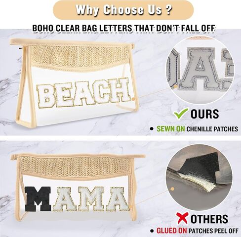 2 Pcs Boho Straw Clear Makeup Letter Bag BEACH Pouch, Sunscreen Bags for Beach Travel Small Cute Chenille Letter SPF Bag Pouch,Waterproof Beach Toiletry Sun Bag Best Beach Accessories for Women(BEACH) in Saudi Arabia