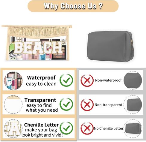 2 Pcs Boho Straw Clear Makeup Letter Bag BEACH Pouch, Sunscreen Bags for Beach Travel Small Cute Chenille Letter SPF Bag Pouch,Waterproof Beach Toiletry Sun Bag Best Beach Accessories for Women(BEACH) in Saudi Arabia