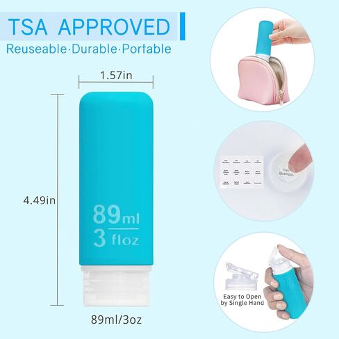 زجاجات سفر من السيليكون لمستلزمات النظافة معتمدة من إدارة أمن المواصلات الأمريكية (TSA)، مجموعة حاويات بحجم 3 أوقية، 4 عبوات محمولة مانعة للتسرب وقابلة لإعادة الملء، زجاجات ضغط مستحضرات التجميل، شامبو، بلسم، غسول الجسم، جل الاستحمام in Kuwait