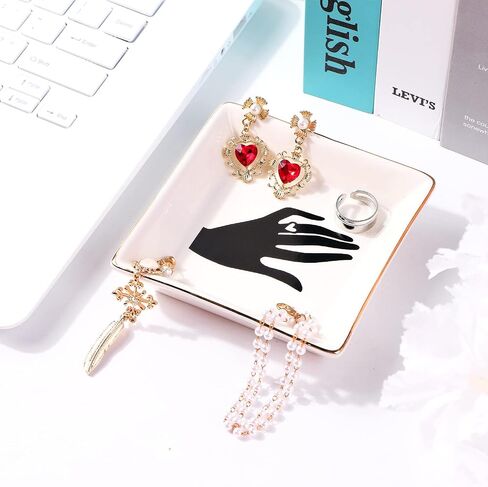 SANFERGE Gold Carton Dog Ring Holder Earring Trinket Dish Jewelry Tray Necklace Bracelet Ceramic Organizer Birthday Gift for Girlfriend Aunt Teen Girl Women, 5 inch Plate in Saudi Arabia