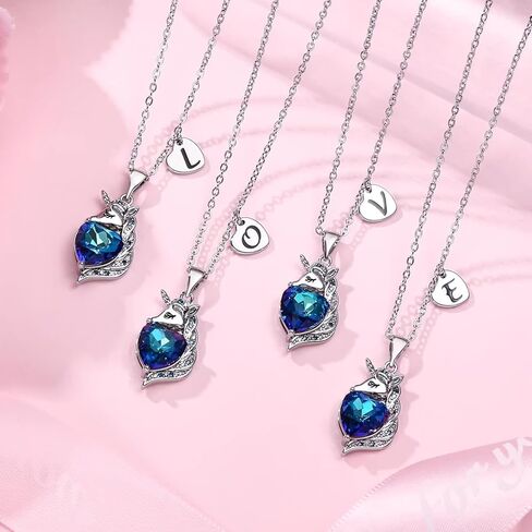 vjoypro يونيكورنز الهدايا للفتيات، الفضة يونيكورن القلب كريستال قلادة القلائد الأولية هدايا عيد ميلاد للفتيات في سن المراهقة الفتيات هدايا المجوهرات للفتيات في سن المراهقة ابنة حفيدة ابنة أخت in Kuwait