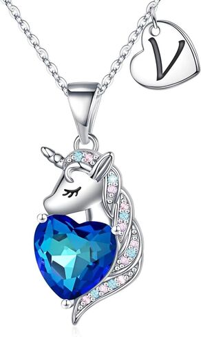 vjoypro يونيكورنز الهدايا للفتيات، الفضة يونيكورن القلب كريستال قلادة القلائد الأولية هدايا عيد ميلاد للفتيات في سن المراهقة الفتيات هدايا المجوهرات للفتيات في سن المراهقة ابنة حفيدة ابنة أخت in Kuwait