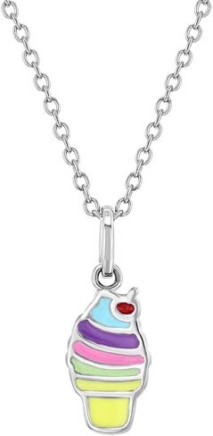 925 Sterling Silver Multicolor Ice Cream Cone Pendant Necklace for Little Girls & Preteens 16" - Small and Sweet Food Shaped in Saudi Arabia