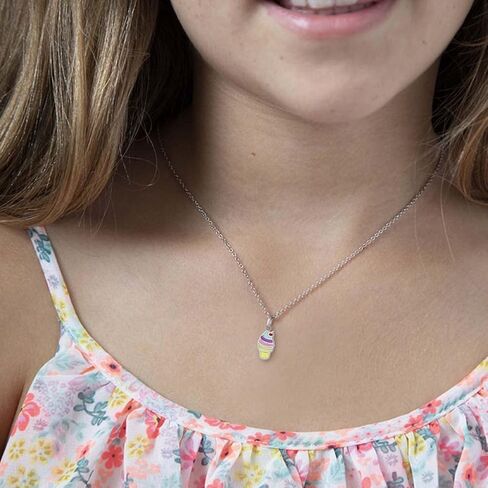 925 Sterling Silver Multicolor Ice Cream Cone Pendant Necklace for Little Girls & Preteens 16" - Small and Sweet Food Shaped in Saudi Arabia