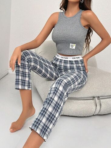 طقم بيجامة نسائي مكون من قطعتين من COZYEASE بدون أكمام منسوج بدون أكمام وسروال بيجامة منقوش طقم بيجاما ناعم ملابس نوم in Saudi Arabia