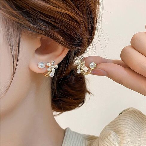 W WEILIRIAN Flower Pearl Jacket Earrings for Women Vintage Pearl Earrings Crystal Flower Earrings Gold Pearl Stud Earrings Pearl Front Back Earrings Jewelry for Girls Gifts in Saudi Arabia