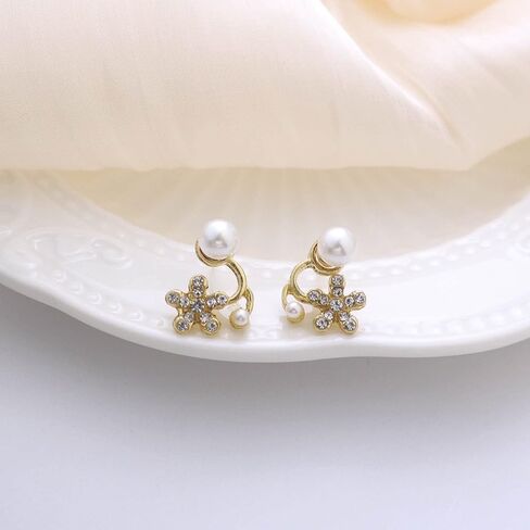W WEILIRIAN Flower Pearl Jacket Earrings for Women Vintage Pearl Earrings Crystal Flower Earrings Gold Pearl Stud Earrings Pearl Front Back Earrings Jewelry for Girls Gifts in Saudi Arabia