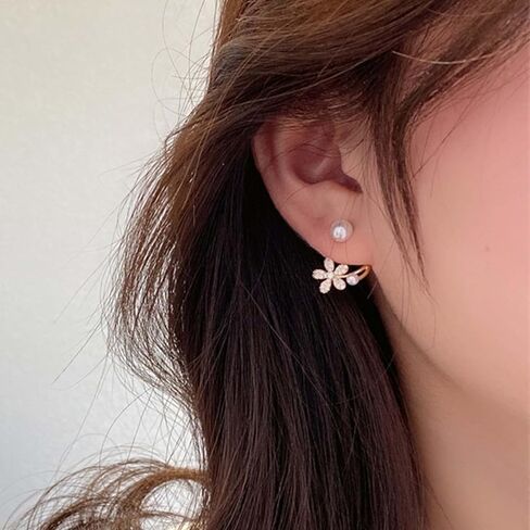 W WEILIRIAN Flower Pearl Jacket Earrings for Women Vintage Pearl Earrings Crystal Flower Earrings Gold Pearl Stud Earrings Pearl Front Back Earrings Jewelry for Girls Gifts in Saudi Arabia