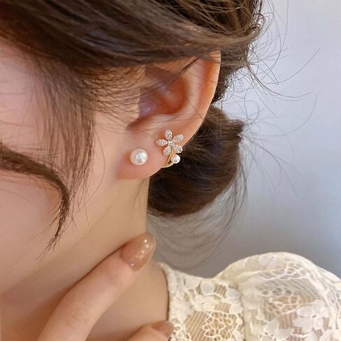 W WEILIRIAN Flower Pearl Jacket Earrings for Women Vintage Pearl Earrings Crystal Flower Earrings Gold Pearl Stud Earrings Pearl Front Back Earrings Jewelry for Girls Gifts in Saudi Arabia