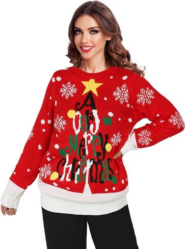 Budding Gallery Ugly Women's Christmas Sweater Funny Round Neck Sweater Christmas Tree Letter Pattern Pullover in Kuwait