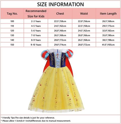 FMYFWY Girls Snow White Princess Costume Carnival Halloween Christmas Birthday Party Dress Dance Ball Gown (w/Accessories) in Kuwait