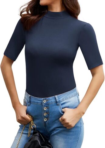 قميص HWOKEFEIYU نسائي كاجوال أساسي برقبة وهمية نصف كم منسوج مضلع in Kuwait