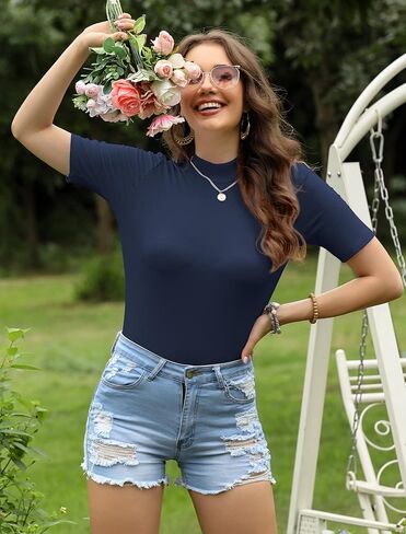 قميص HWOKEFEIYU نسائي كاجوال أساسي برقبة وهمية نصف كم منسوج مضلع in Kuwait