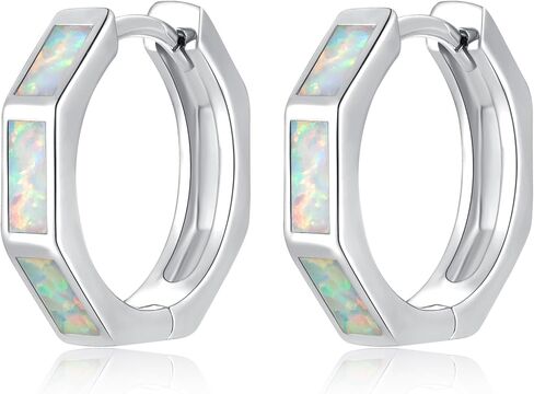 أقراط CiNily Opal Hoop للنساء والفتيات أقراط Hexagon Huggie 14K أبيض/أسود/ذهبي مطلية لا تسبب الحساسية | أقراط هوب صغيرة | حلقات صغيرة للأذن الحساسة لعيد الميلاد وهدايا مجوهرات الهالوين in Kuwait