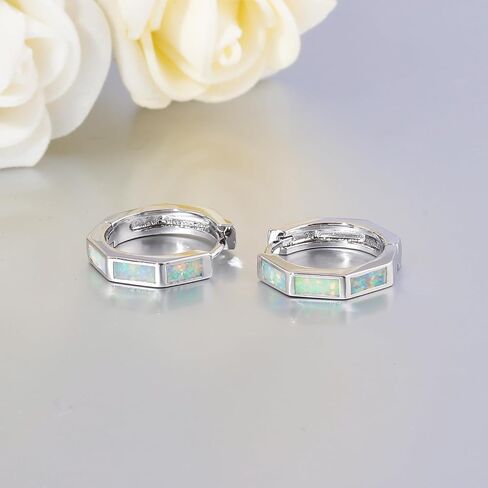 أقراط CiNily Opal Hoop للنساء والفتيات أقراط Hexagon Huggie 14K أبيض/أسود/ذهبي مطلية لا تسبب الحساسية | أقراط هوب صغيرة | حلقات صغيرة للأذن الحساسة لعيد الميلاد وهدايا مجوهرات الهالوين in Kuwait
