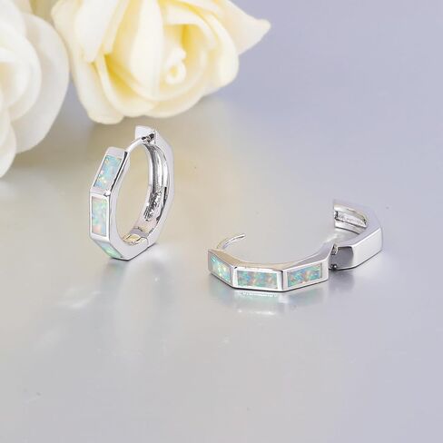 أقراط CiNily Opal Hoop للنساء والفتيات أقراط Hexagon Huggie 14K أبيض/أسود/ذهبي مطلية لا تسبب الحساسية | أقراط هوب صغيرة | حلقات صغيرة للأذن الحساسة لعيد الميلاد وهدايا مجوهرات الهالوين in Kuwait