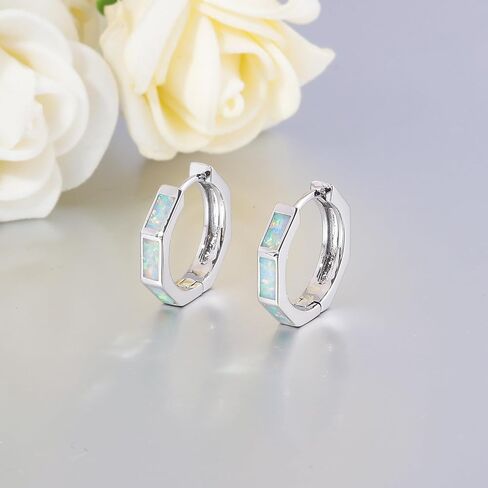 أقراط CiNily Opal Hoop للنساء والفتيات أقراط Hexagon Huggie 14K أبيض/أسود/ذهبي مطلية لا تسبب الحساسية | أقراط هوب صغيرة | حلقات صغيرة للأذن الحساسة لعيد الميلاد وهدايا مجوهرات الهالوين in Kuwait