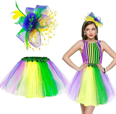 2 Pieces Mardi Gras Headband and Tutu Skirt Multi Color Ballet for Carnival Cosplay Party Green in Kuwait