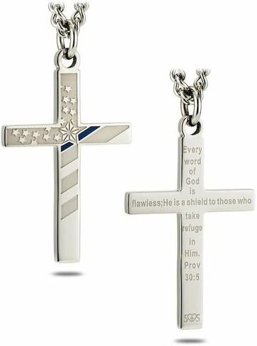 Shields of Strength Men's Stainless Steel Silver Police Thin Blue Line Flag Pendant Cross Necklace Proverbs 30:5 Bible Verse Christian Faith Gifts in Saudi Arabia