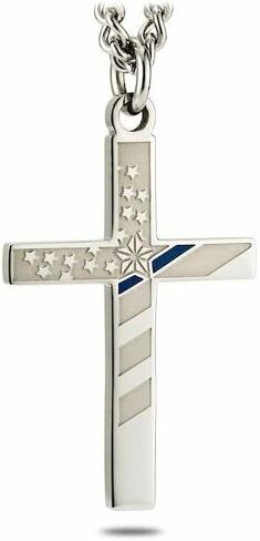Shields of Strength Men's Stainless Steel Silver Police Thin Blue Line Flag Pendant Cross Necklace Proverbs 30:5 Bible Verse Christian Faith Gifts in Saudi Arabia