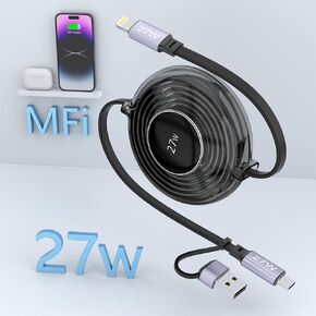 100W Retractable Multi Charging Cable, 6 in 1 iPhone Charger Cord with E-Mark Chip, 100W USB A/USB C Fast Retractable iPhone Charging Cable with Type C/Micro USB/IP for iPhone 15/Samsung/MacBook