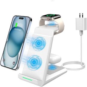 3 in 1 Wireless Charging Station - Wireless Charger Stand for iPhone 15 14 13 12 11 Pro Max Plus XR XS 8 Plus, Charging Dock for Apple Watch 8/7/SE/6/5/4/3/2, AirPods Pro/3/2(Adapter Included)