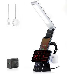 Fast Wireless Charge LED Table Lamp Cell Phone Induction 20W Charger - Dock Station for i Phone, Watch Air Pods USB-C Desk & Bedside Organizer Station Light & Stand Clock Alarm