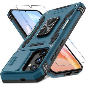 DEERLAMN Case for Samsung Galaxy S25+ Plus 6.7-Inch with Slide Camera Cover+Screen Protector(1 Pack), Rotated Ring Kickstand Military Grade Shockproof Protective Cover-Navy Blue