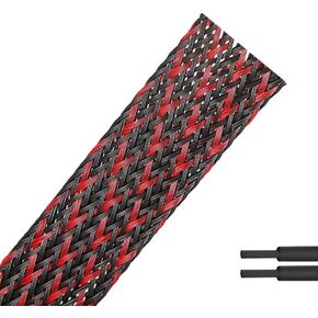 25ft - 1/2 inch Braided Cable Management Sleeve Cord Protector PET Expandable Braided Sleeving-Self-Wrapping Wire Loom for TV/Computer/Home Theater/Engine Bay - Black&Red