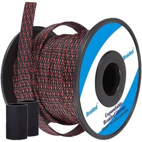 Cable Sleeves - PET Expandable Wire Loom 1/4"-100ft, Braided Wire Hider Mesh, Cord Management Organizer for USB Power Video Cable, Flexible Wrap Cover w/Heat Shrinkable Tubes, Black&Red