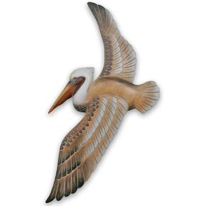 T.I. Design Hand-carved Wood Flying Pelican | Coastal Nautical Beach Wall Décor Natural Wood Finish
