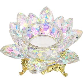 OwnMy Crystal Lotus Flower Tea Light Holder Lotus Petals Votive Candle Stand with Gold Metal Base, Glass Lotus Tealight Candlestick Holder Candle Lamp for Table Centerpiece Wedding Decor (AB Color)