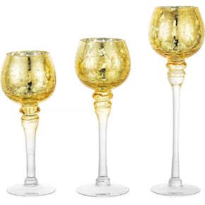 Long Stem Tealight Candle Holder - Inweder Set of 3 Tall Glass Candle Holder, Clear Crackle Glass Table Candle Holder Set, Mercury Glass Candle Holder Pillar for Wedding, 12 Inch, 10 Inch, 9 Inch