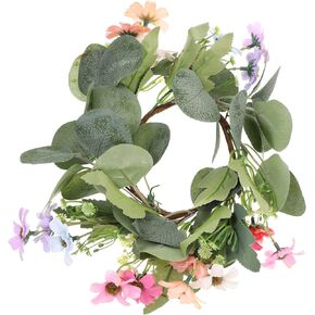 Zerodeko Candle Ring Wreath, Artificial Eucalyptus Leaf Wreath with Flowers, Small Wreath Candle Ring, Floral Decor for Candle for Wedding, Home Decoration (Random Color)