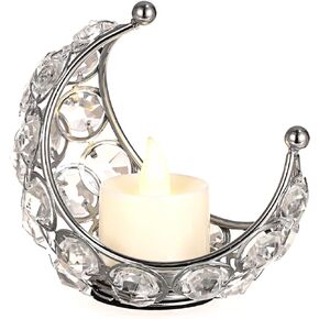 OwnMy 2PCS Moon Crystal Candle Holders Small Crystal Tealight Holders Votive Candle Holders, Metal Crystal Candle Stands Moon Candle Lamps Elegant Cande Holder Decors for Table Centerpieces, Silver