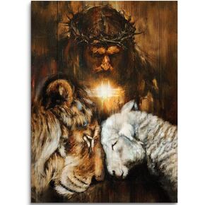 Christian Jesus Lion Canvas Wall Art Jesus And The Cross And The Dove Of Peace Wall Decor Jesus Artwork Christian Wall Art Picture of God Posters For Room Churches Ready To Hang 12x16 inch