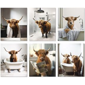 Cow Bathroom Decor 8x10 6PCS Canvas Pictures Wall Decor Funny Highland Cow Prints Art Rustic Farmhouse Modern Style Restroom Bath Painting Print Home Animal Western Country Decorations Big