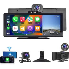 Portable Wireless Carplay Screen for Car, 10.26" Car Stereo & Android Auto Screen with 4K Dash Cam 1080P Backup Camera DVR Bluetooth GPS Navigation Loop Recording Voice Control