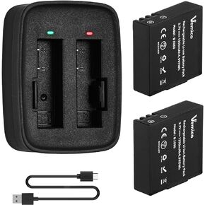 Vemico Action Camera Battery Charger Kits V50 Elite Battery 1350mAh 2-Pack with USB Dual Charger for AKASO V50 Elite, Rollei 530/630, Goxtreme Blackhawk+, ThiEYE T5/T5e/T5 pro/E7, Andoer AN7000