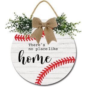 There Is No Place Like Home Baseball Front Door Sign Funny Wreaths Hanging Wooden Plaque Decoration Round Rustic Wood Farmhouse Porch Decor for Home Front Door Decor, 12 x 12 Inch