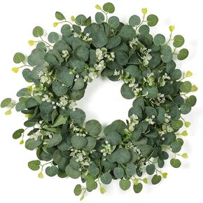 SOMYTING Green Eucalyptus Wreath, 20" Artificial Eucalyptus Leaves Wreath with with White Flowers Eucalyptus Leaves Gypsophila Garland Spring/Summer Wreath for Front Door Wall Window Home Decor in Kuwait