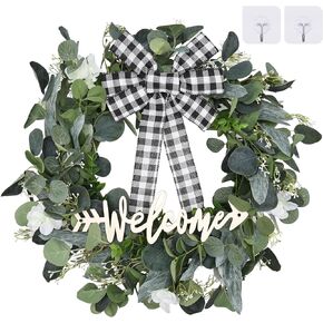 إكليل الباب الأمامي مقاس 20 بوصة، أوراق الأوكالبتوس الخضراء الربيعية مع علامة ترحيب وقوس منقوش، ديكور مثالي للباب الأمامي ونافذة الجدار ومهرجان المزرعة والشرفة وفناء الحديقة in Kuwait