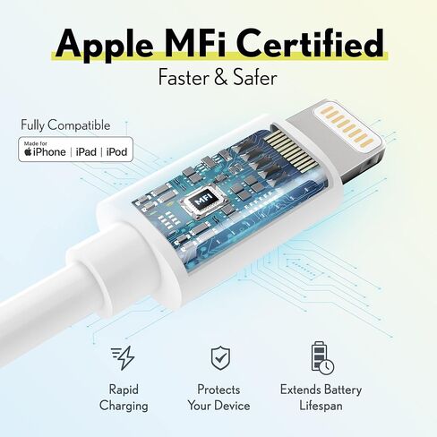 كابل شاحن iPhone، كابل شحن محمول وذكي مع سرعة عالية، كابل شحن فائق السرعة، معتمد من MFI، كابل شحن USB بطول 6 أقدام in Saudi Arabia